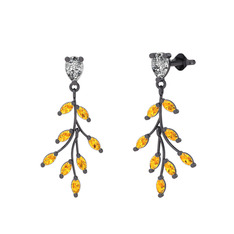 Dentale Yaprak Küpe - Beyaz zirkon ve sitrin 925 ayar siyah rodyum kaplama gümüş küpe #ovoinf