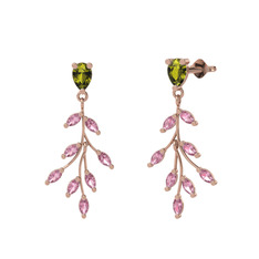 Dentale Yaprak Küpe - Peridot ve pembe kuvars 8 ayar rose altın küpe #ox5kx4