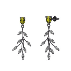 Dentale Yaprak Küpe - Peridot ve swarovski 925 ayar siyah rodyum kaplama gümüş küpe #pfqajs