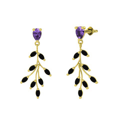 Dentale Yaprak Küpe - Ametist ve siyah zirkon 925 ayar altın kaplama gümüş küpe #r0sj0b