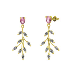 Pembe kuvars ve beyaz zirkon 925 ayar altın kaplama gümüş küpe