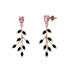 Dentale Yaprak Küpe - Pembe kuvars ve siyah zirkon 8 ayar rose altın küpe #rpj7h