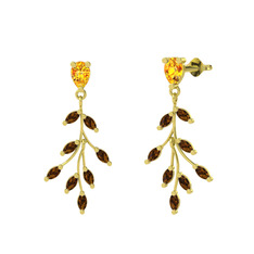 Dentale Yaprak Küpe - Sitrin ve dumanlı kuvars 18 ayar altın küpe #uyquq4