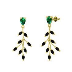 Dentale Yaprak Küpe - Yeşil kuvars ve siyah zirkon 8 ayar altın küpe #vupp2k