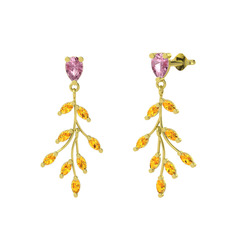 Pembe kuvars ve sitrin 18 ayar altın küpe