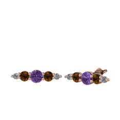 Minimal Atzi Küpe - Ametist, dumanlı kuvars ve pırlanta 14 ayar rose altın küpe (0.03 karat) #10gkyyf