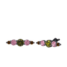 Minimal Atzi Küpe - Peridot, pembe kuvars ve dumanlı kuvars 925 ayar siyah rodyum kaplama gümüş küpe #11232rl