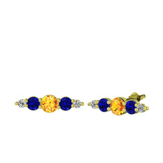 Minimal Atzi Küpe - Sitrin, lab safir ve swarovski 18 ayar altın küpe #1150oqi