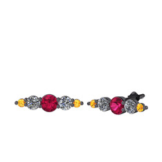 Minimal Atzi Küpe - Rodolit garnet, pırlanta ve sitrin 925 ayar siyah rodyum kaplama gümüş küpe (0.12 karat) #1477s4v