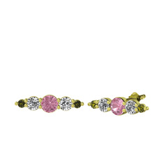 Pembe kuvars, swarovski ve peridot 18 ayar altın küpe