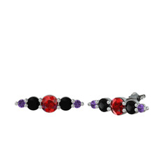 Garnet, siyah zirkon ve ametist 8 ayar beyaz altın küpe