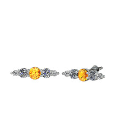 Sitrin, pırlanta ve swarovski 14 ayar beyaz altın küpe (0.12 karat)