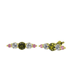 Minimal Atzi Küpe - Peridot, swarovski ve pembe kuvars 14 ayar altın küpe #181p5i2