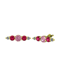 Pembe kuvars, rodolit garnet ve pırlanta 8 ayar altın küpe (0.03 karat)