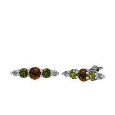 Minimal Atzi Küpe - Dumanlı kuvars, peridot ve pırlanta 14 ayar beyaz altın küpe (0.03 karat) #19l94t3