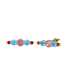 Pembe kuvars, akuamarin ve rodolit garnet 18 ayar altın küpe
