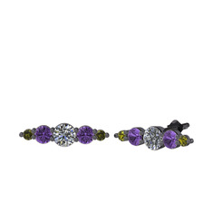 Minimal Atzi Küpe - Pırlanta, ametist ve peridot 925 ayar siyah rodyum kaplama gümüş küpe (0.32 karat) #1apotp8