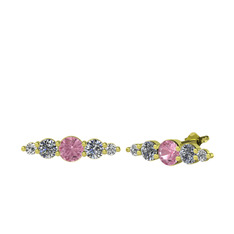 Pembe kuvars, pırlanta ve swarovski 14 ayar altın küpe (0.12 karat)