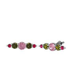 Minimal Atzi Küpe - Pembe kuvars, peridot ve rodolit garnet 8 ayar beyaz altın küpe #1b5krit