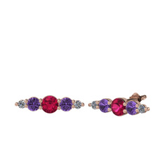 Rodolit garnet, ametist ve pırlanta 18 ayar rose altın küpe (0.03 karat)