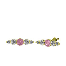 Pembe kuvars, swarovski ve pırlanta 18 ayar altın küpe (0.03 karat)