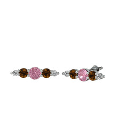 Pembe kuvars, dumanlı kuvars ve swarovski 14 ayar beyaz altın küpe