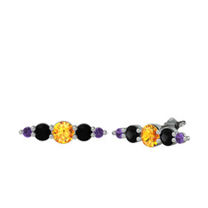 Minimal Atzi Küpe - Sitrin, siyah zirkon ve ametist 14 ayar beyaz altın küpe #1j6dzg0