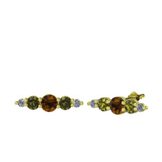 Dumanlı kuvars, peridot ve pırlanta 14 ayar altın küpe (0.03 karat)