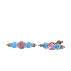 Pembe kuvars, akuamarin ve pırlanta 18 ayar rose altın küpe (0.03 karat)