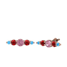 Pembe kuvars, garnet ve akuamarin 14 ayar rose altın küpe