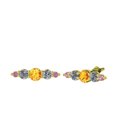 Sitrin, pırlanta ve pembe kuvars 18 ayar altın küpe (0.12 karat)