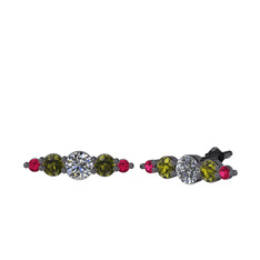 Swarovski, peridot ve rodolit garnet 925 ayar siyah rodyum kaplama gümüş küpe