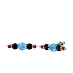 Akuamarin, siyah zirkon ve garnet 18 ayar beyaz altın küpe