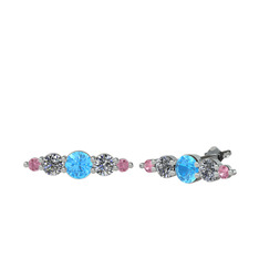 Minimal Atzi Küpe - Akuamarin, pırlanta ve pembe kuvars 925 ayar gümüş küpe (0.12 karat) #1umbepb