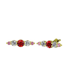 Garnet, beyaz zirkon ve pembe kuvars 14 ayar altın küpe