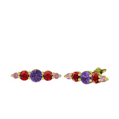 Ametist, garnet ve pembe kuvars 8 ayar altın küpe