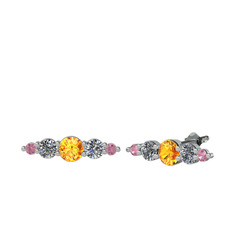 Minimal Atzi Küpe - Sitrin, pırlanta ve pembe kuvars 925 ayar gümüş küpe (0.12 karat) #1x885g8