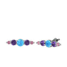 Minimal Atzi Küpe - Akuamarin, ametist ve pembe kuvars 14 ayar beyaz altın küpe #1xye796