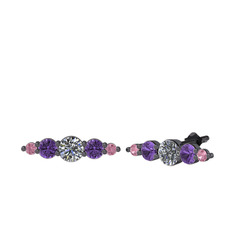 Minimal Atzi Küpe - Pırlanta, ametist ve pembe kuvars 925 ayar siyah rodyum kaplama gümüş küpe (0.32 karat) #1y5e8ch