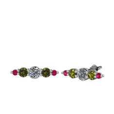 Minimal Atzi Küpe - Swarovski, peridot ve rodolit garnet 8 ayar beyaz altın küpe #23rpw5