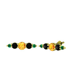 Minimal Atzi Küpe - Sitrin, siyah zirkon ve yeşil kuvars 14 ayar altın küpe #295v4e