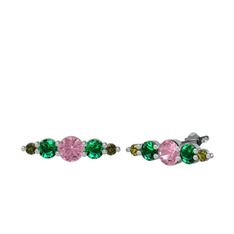 Pembe kuvars, yeşil kuvars ve peridot 14 ayar beyaz altın küpe