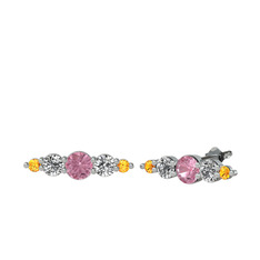 Pembe kuvars, swarovski ve sitrin 14 ayar beyaz altın küpe