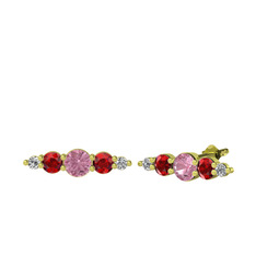 Minimal Atzi Küpe - Pembe kuvars, garnet ve beyaz zirkon 18 ayar altın küpe #503dak