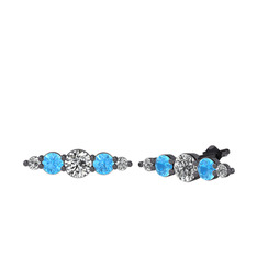 Minimal Atzi Küpe - Beyaz zirkon, akuamarin ve swarovski 925 ayar siyah rodyum kaplama gümüş küpe #78aktf