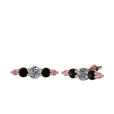 Pırlanta, siyah zirkon ve pembe kuvars 18 ayar rose altın küpe (0.32 karat)