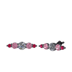 Pırlanta, pembe kuvars ve rodolit garnet 925 ayar siyah rodyum kaplama gümüş küpe (0.32 karat)