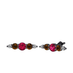 Rodolit garnet, dumanlı kuvars ve beyaz zirkon 925 ayar siyah rodyum kaplama gümüş küpe