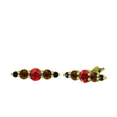 Minimal Atzi Küpe - Garnet, dumanlı kuvars ve siyah zirkon 14 ayar altın küpe #bl094x
