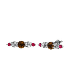 Dumanlı kuvars, beyaz zirkon ve rodolit garnet 14 ayar beyaz altın küpe